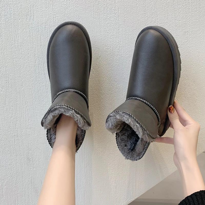 Модные зимние теплые ботинки для снега с бархатной кожаной отделкой, средний верх, водонепроницаемые, толстые, противоскользящие, большие размеры для мужчин и женщин