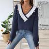 Pearl bead top European and American women's clothing contrasting color splicing large V-neck loose woven sweater pullover sweater