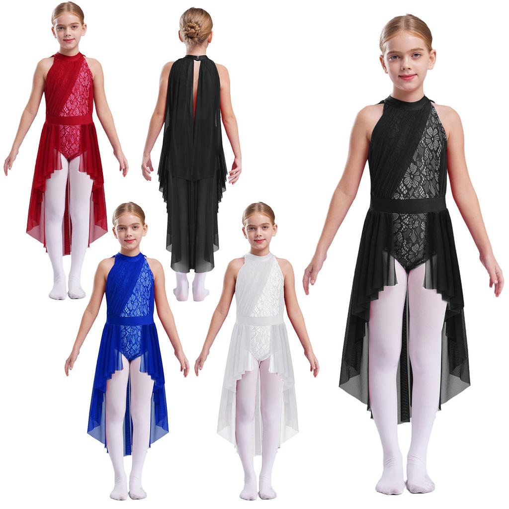 Girls Performance Leotard Sleeveless Cutout Back Design Hollow Out Lace Mesh Overlay Skirted Dance Costume