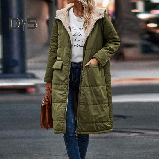 Women Winter Splicing Long Coat Hooded Long Sleeve Fleece Lining Outwear Zipper Placket Pockets Double Sided Wear Long Down Jacket