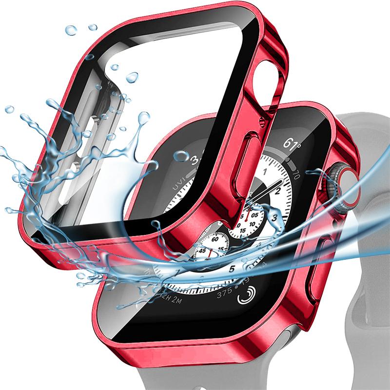 Стекло + чехол для Apple Watch Case 8 7 6 SE Защитная пленка для экрана Бампер с прямым краем IWatch Series 44 мм 40 мм 41 мм 45 мм 4 5 Водонепроницаемый чехол