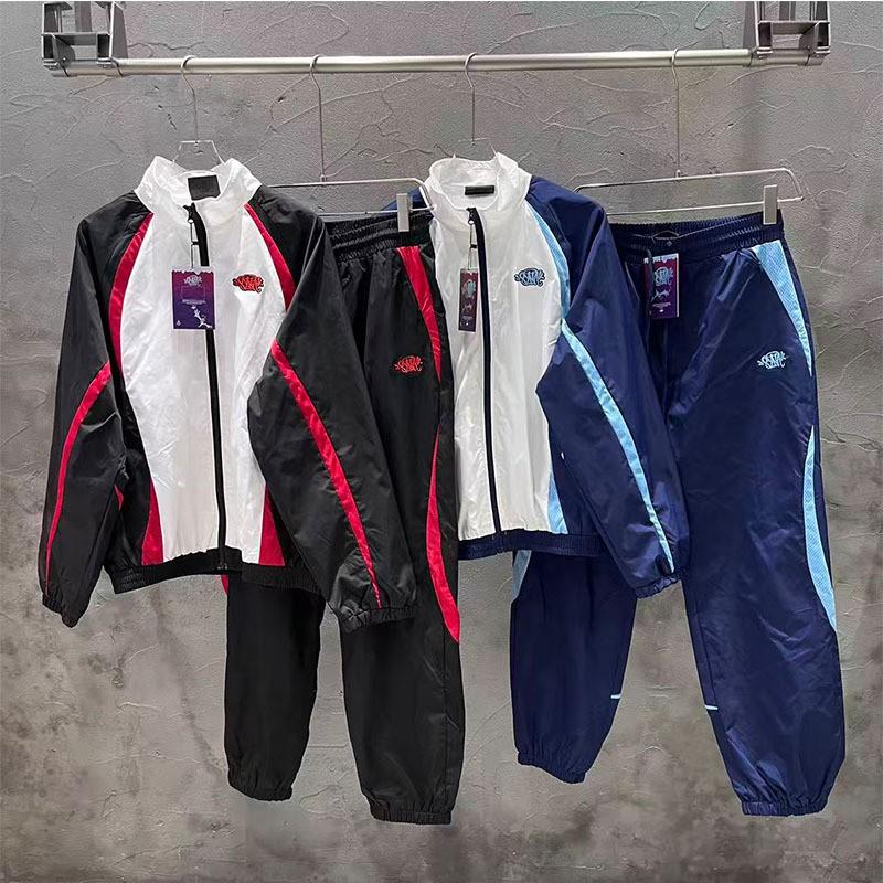 Unisex Streetwear Windbreaker Jacket Jogger Pants Set Embroidered Colorblock Stand Collar Casual Outfit