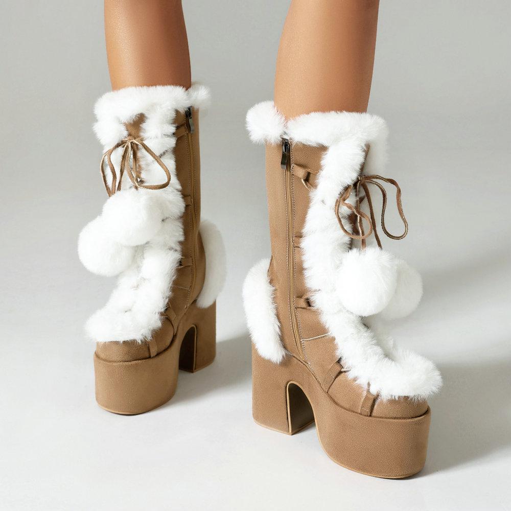 Lovely Lolita Mid-Calf Boots Women's Platform Thick Heels Sweet White Show Party Cosplay Ladies Fur Zipper Boots Pom-pom Pendant