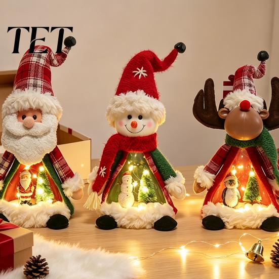 Indoor Xmas Atmosphere Light Lighted Christmas Doll Decoration, Cute Plush Santa Claus/Snowman/Reindeer Figurine with Creative Holiday Mantel