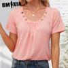 Women's Fashion Casual Summer Solid Color Print Short Sleeve Clasp Fold U-Neck Blouses & Shirts
