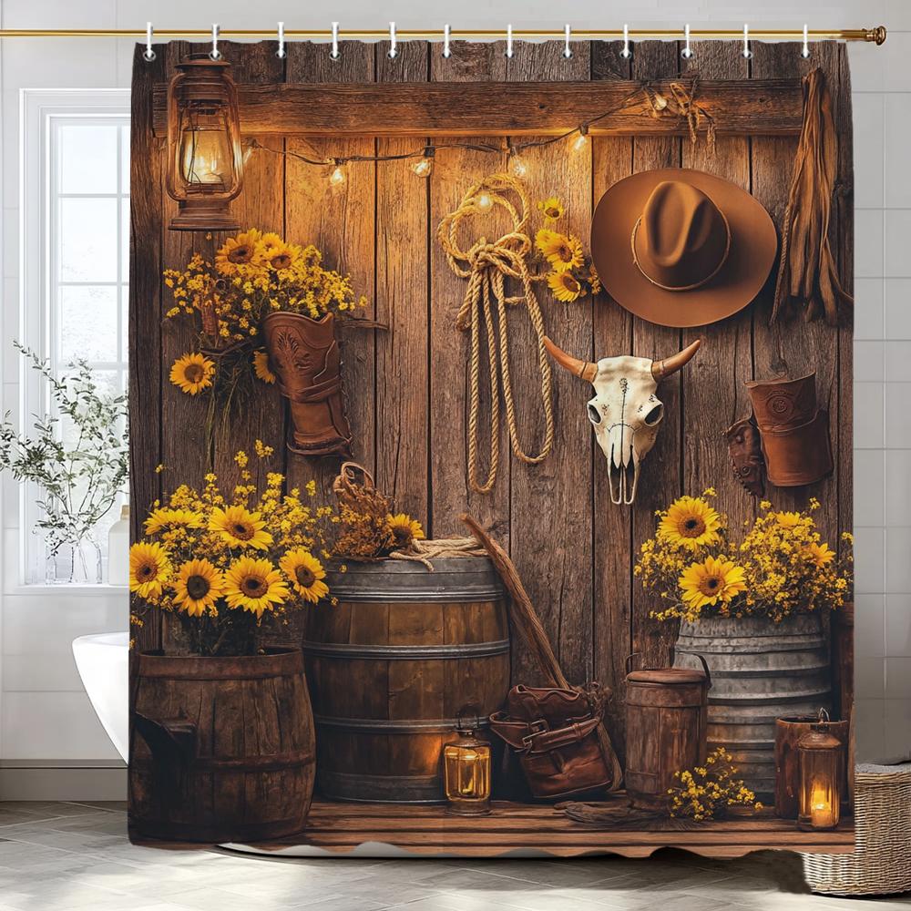 Rustic Farmhouse Garden Cowboy Theme Shower Curtain, Bathroom Decor Shower Curtain, Plants And Flowers Shower Curtain With Hooks