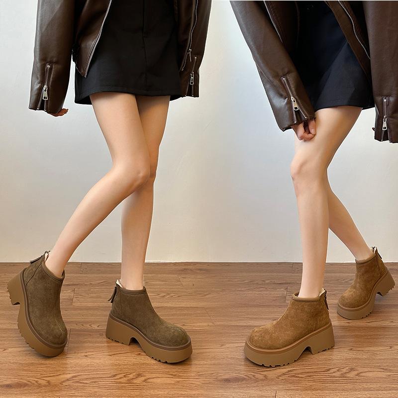 Зимние ботинки новый мягкий кожаный маффин толстая подошва увеличивающие рост бархатные повседневные хлопковые туфли женские короткие ботинки