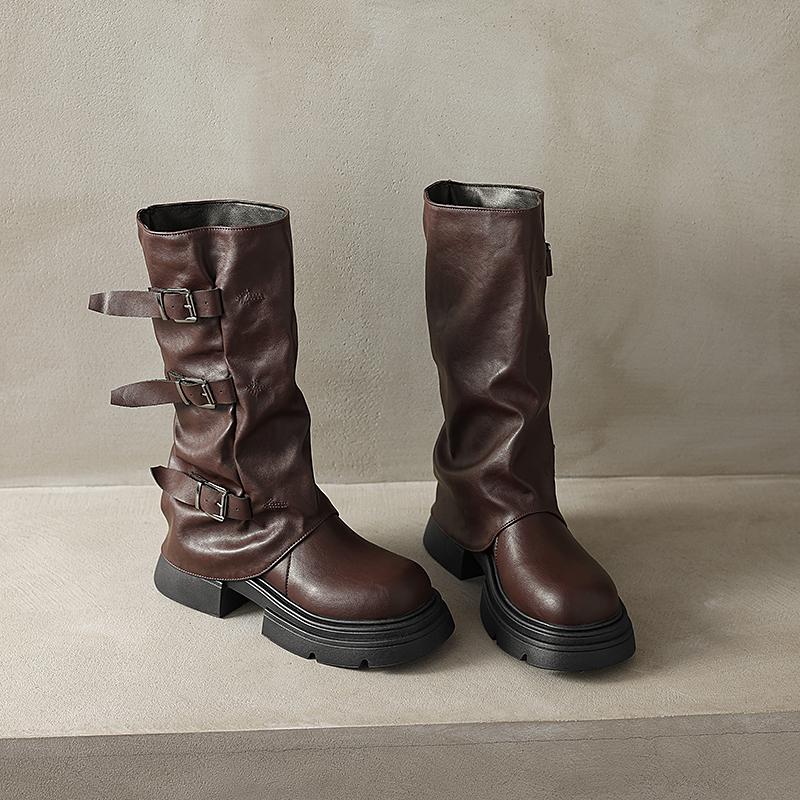 Высококачественная обувь с круглым носком, однотонные, на низком каблуке, большого размера, на платформе, женская обувь, высокие, массивные, готические, рыцарские сапоги, Mujer Zapatos