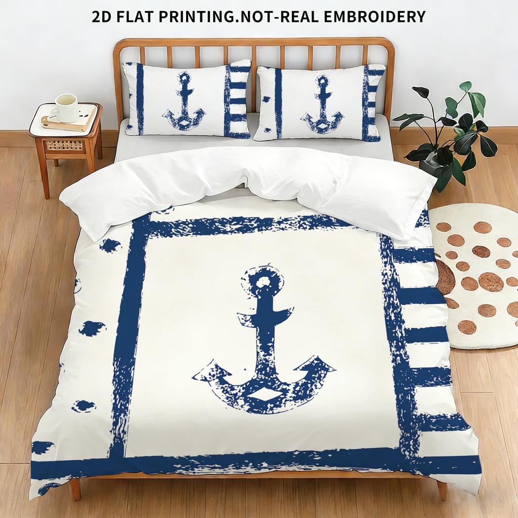 Nautical Compass Bedding Set, Navy Blue & White Nautical Print Duvet Cover with Pillowcases, 3-Piece Bed Linen for Bedroom Decor