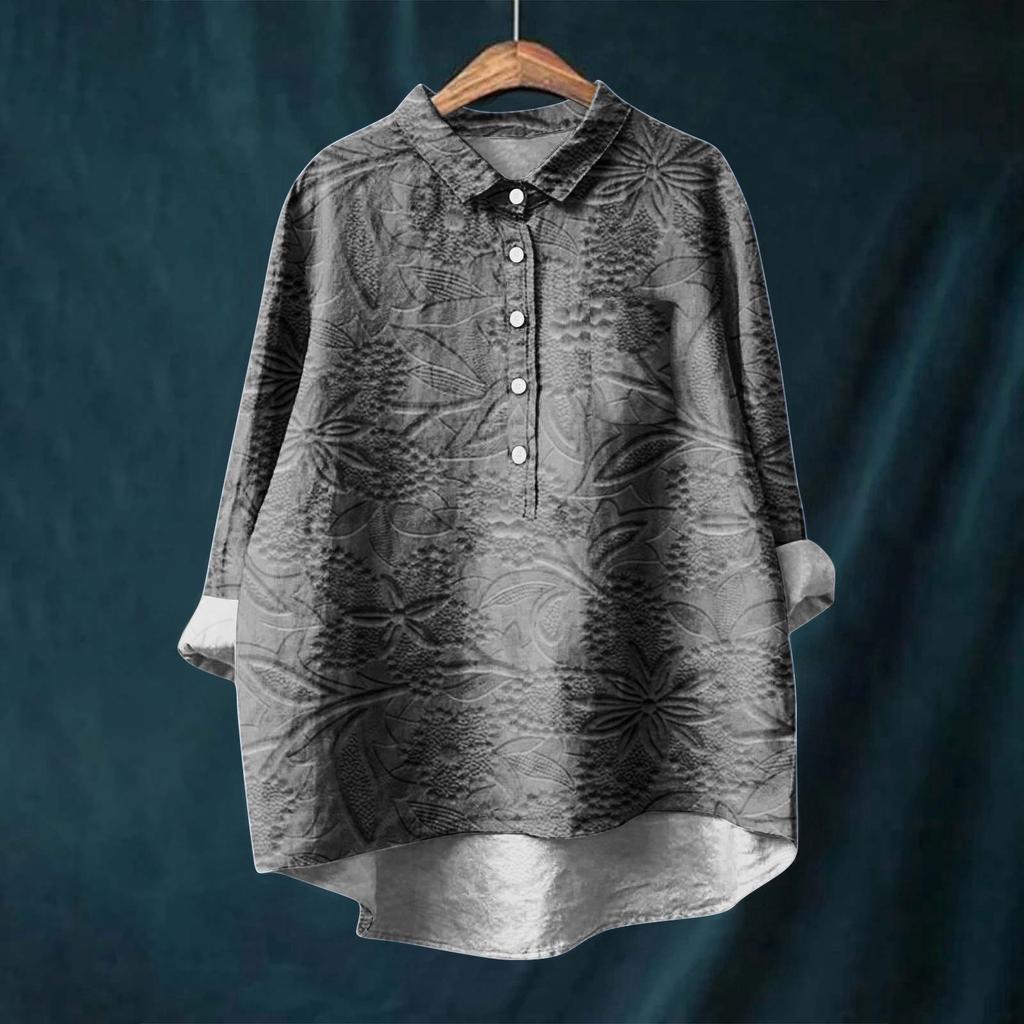 Women's Long Sleeve Shirt Button Vintage Floral Print Casual Hem Irregular Shirt Collar Top