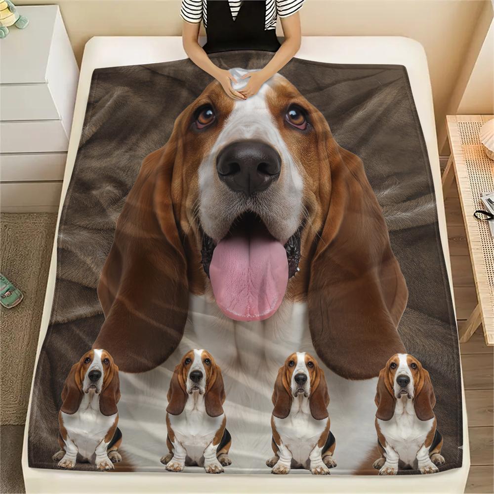 1Pc Basset Hound Print Flannel Blanket, High quality Comfortable for All Seasons, Home Decor, Warmth and Comfort, Perfect for Gifts
