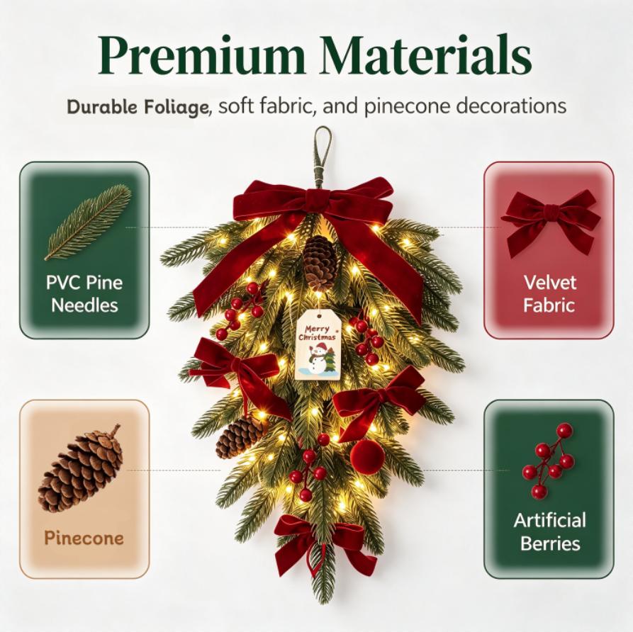 Christmas rattan hanging water drop decoration tree with LED light velvet bow pine needle hanging ornaments suitable for front door fireplace