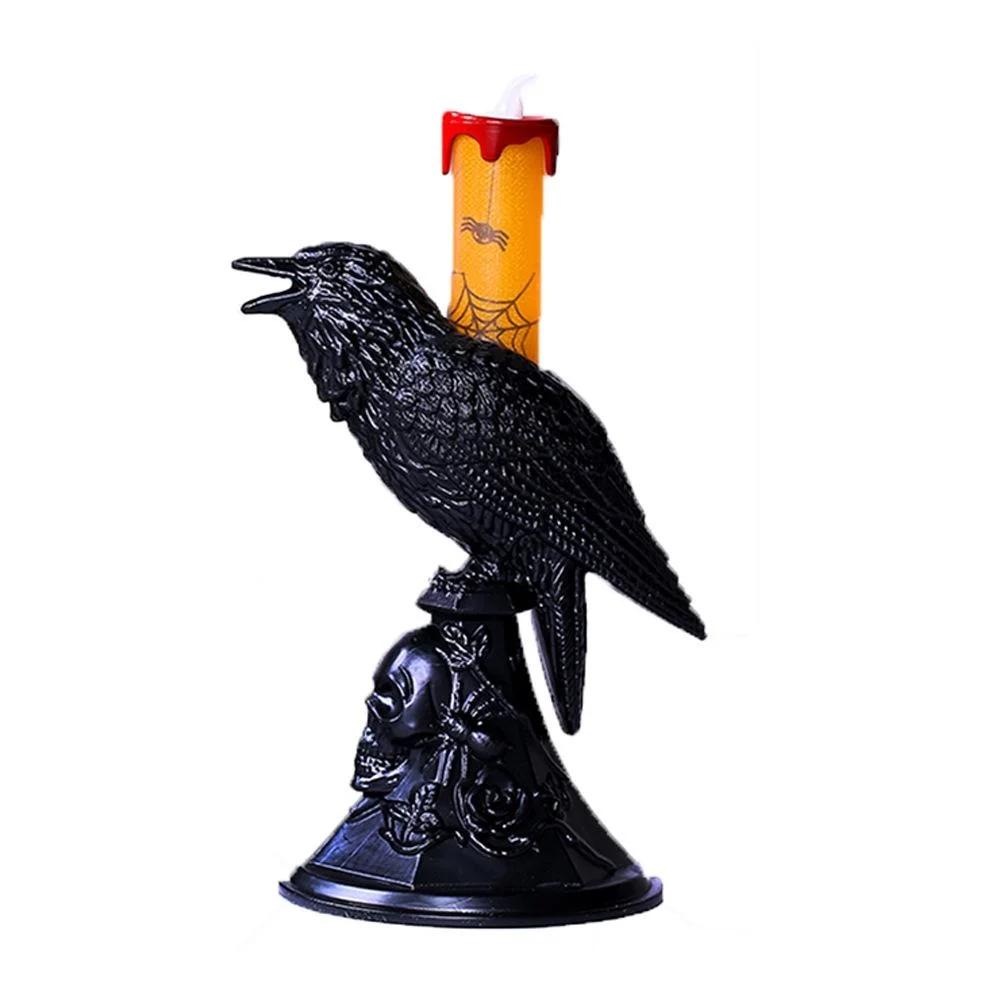 Black Crow Statue Glowing Candlestick LED Candles Lights Halloween Home Decorations Table Lamp Scary Ornaments