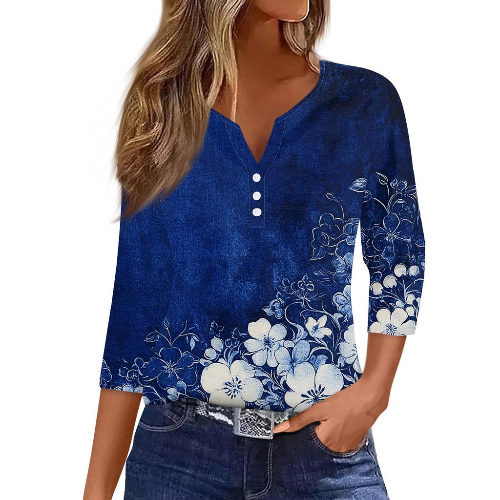 Женская модная повседневная футболка с v-образным вырезом и декоративными пуговицами, рукавом три четверти, с цветочным принтом, топ
