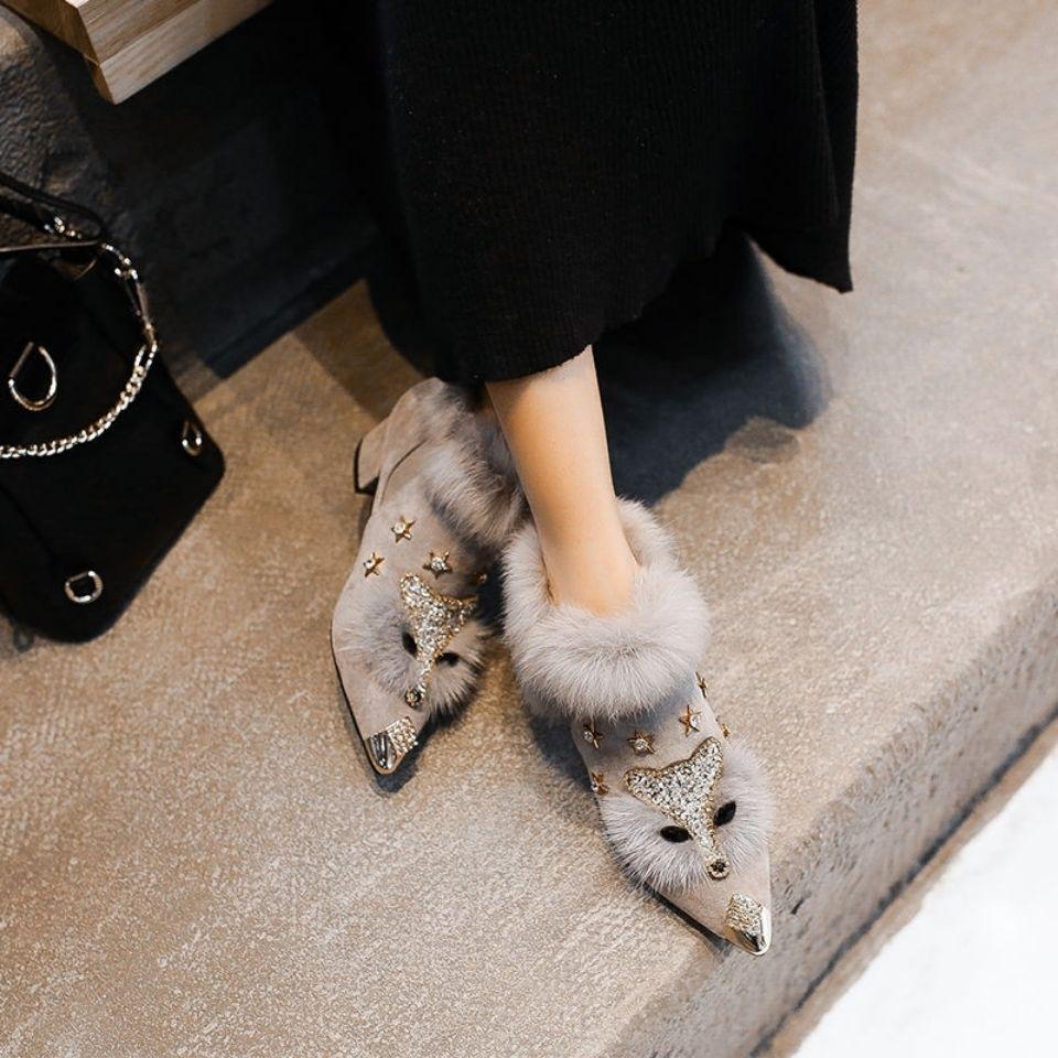 Winter New Padded Fox Head Lazy Hairy Shoes Women Thick with Short Boots