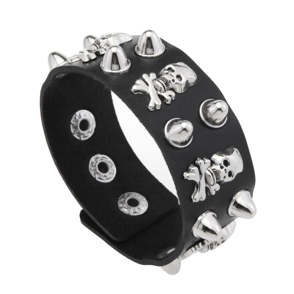 Wide PU Leather Skull Cone Spiked Bracelet, Gothic Punk Adjustable Snap Wrist Cuff Unisex Rock Wristband