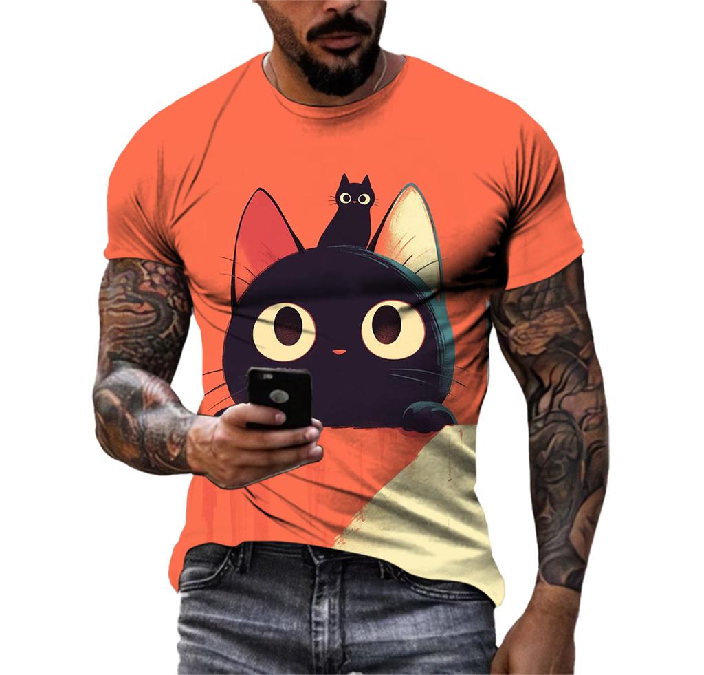 Summer Fashion Casual Cartoon Cat Graphic T-shirt For Men New Funny Anime Pattern 3D Digital Printing Round Neck Harajuku Tees