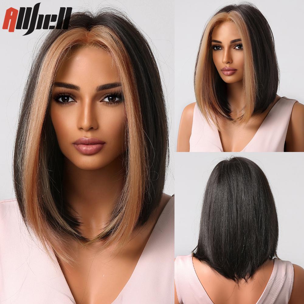 Черные прямые парики из синтетических волос с челкой, короткий боб, красные блики, парики для женщин, повседневный косплей, натуральный парик, термостойкий