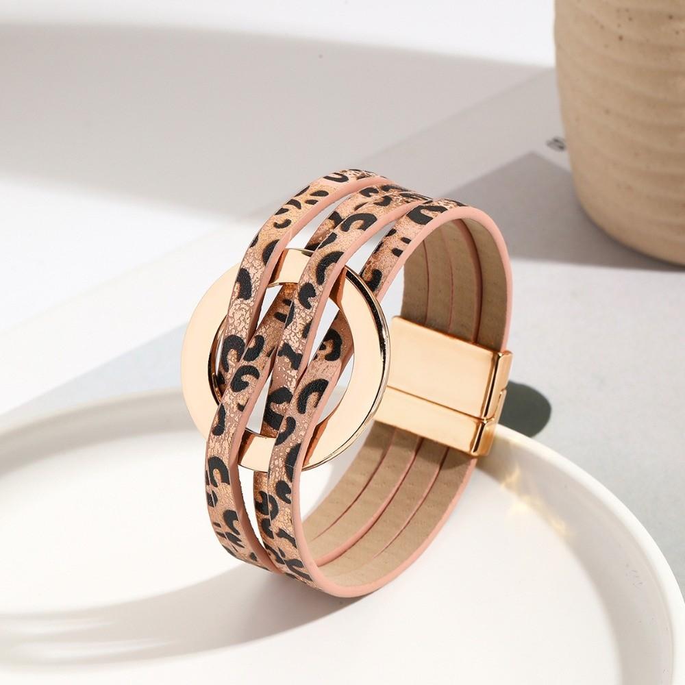 Wide Wrap Leopard Print Leather Bracelets Magnetic Snap Circle Cross Bracelet for Women