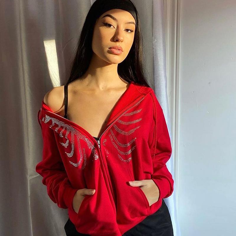 Y2K Rhinestone Skeleton Hoodies Women Gothic Black Red Zip-up Sweatshirts Female Retro Harajuku Hooded Coats Streetwear