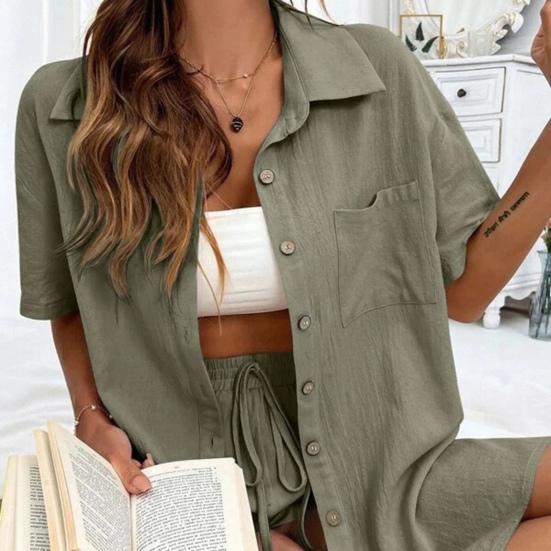 2 шт./компл. женская рубашка и шорты, комплект однотонной блузки с короткими рукавами и нагрудным карманом с лацканами