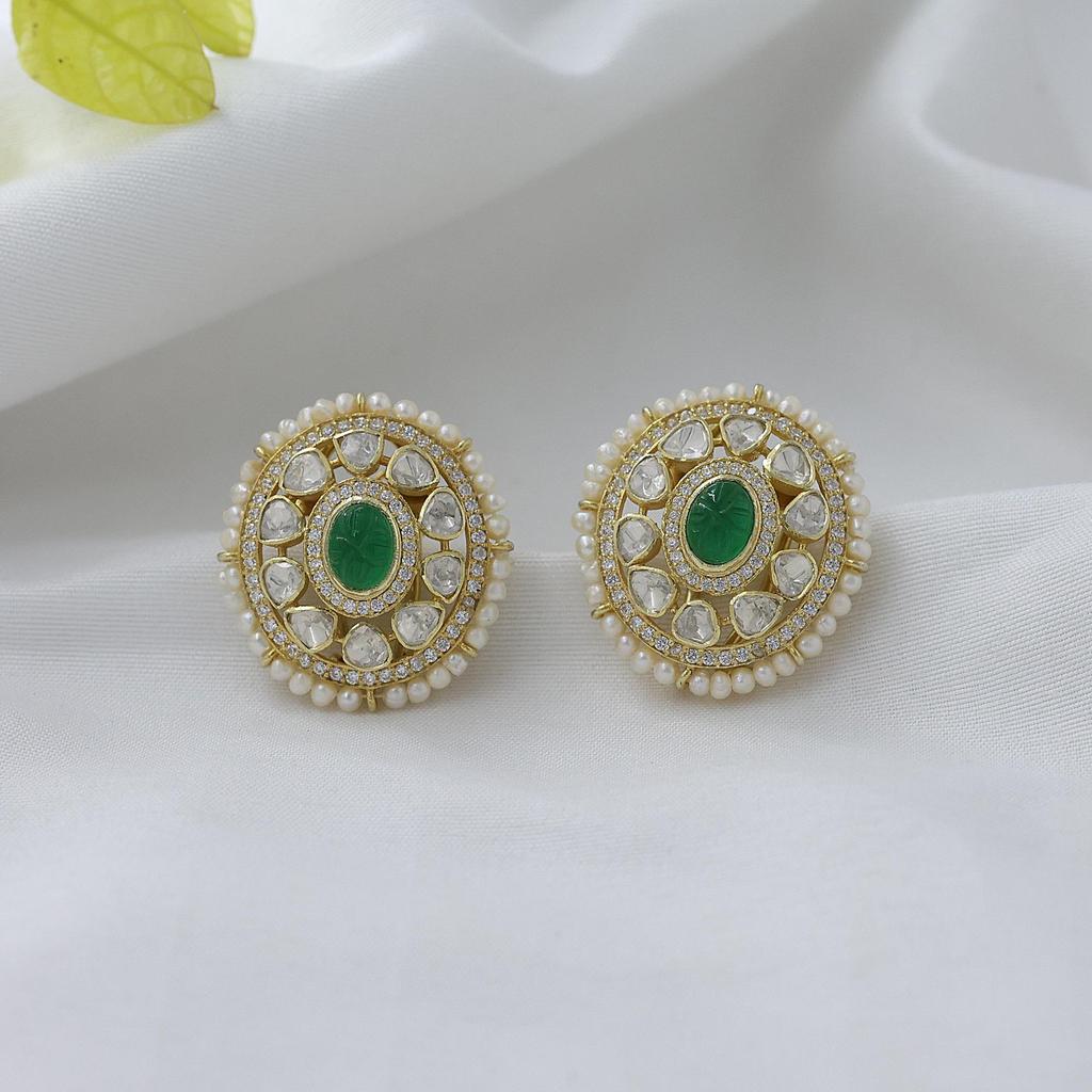 Kundan Gold Plated Stud Earring 925 Sterling Silver Jewelry Handmade Moissanite Earring