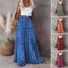 Women Maxi Skirt Elastic Drawstring High Waist Loose Big Hem A-line Patchwork Pleated Vintage Boho Ethnic Print Vacation Skirt