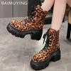 Женские ботильоны на платформе с леопардовым принтом, на шнуровке, на высоком каблуке, модная обувь 2025 года, тренд зимы, новый бренд, массивные мотоциклетные ботинки Botas De Mujer