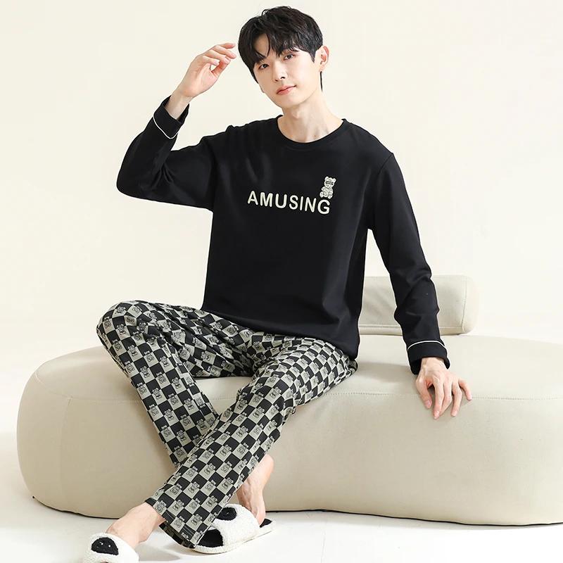 Осенний комплект из двух частей с длинными рукавами из хлопка, весенние длинные штаны, пижама для молодежи, мужская домашняя одежда, полосатая ночная рубашка для мальчика