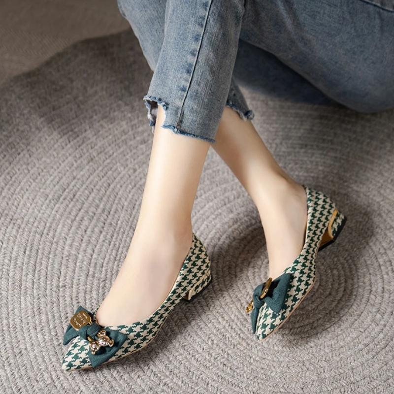 Shoes for Women New Slip On Women's Flats Autumn Pointed Toe Mixed Colors Houndstooth Butterfly-knot Shallow Mouth Shoes