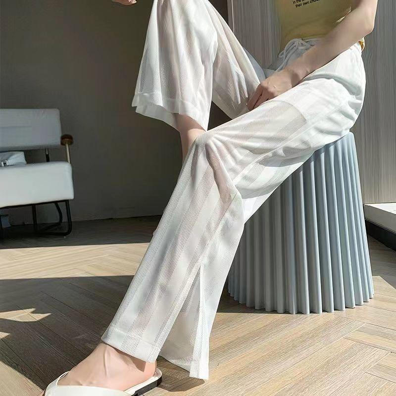 Женские свободные брюки-клеш из тонкой сетки с широкими штанинами, солнцезащитные, с разрезом, с функцией кондиционирования воздуха, повседневные, прямые, длинные брюки на весну/лето