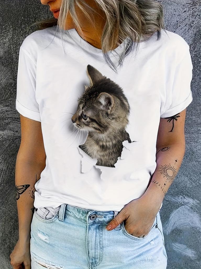 Casual Every Day Tops Women's Clothing Cute Cat Print T-Shirt Crew Neck Short Sleeve T-Shirt