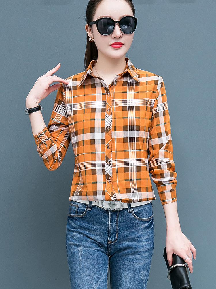 Клетчатая рубашка для женщин, сто женщин, топы, свободная ретро рубашка с длинным рукавом с гонконгским вкусом