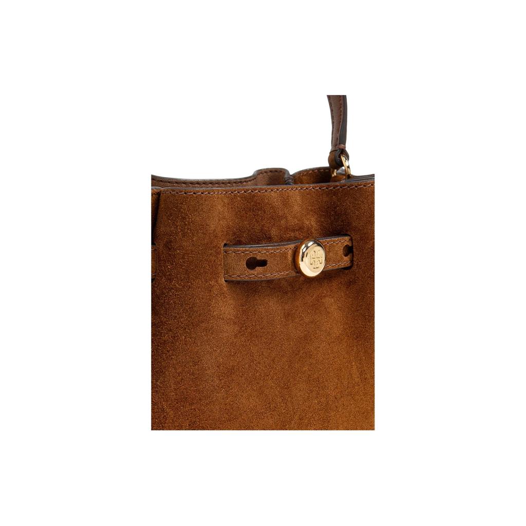 TORY BURCH Romy Gold Logo Bucket Bag Cowhide Leather Shoulder and Handbag Mini Women Caramel Color