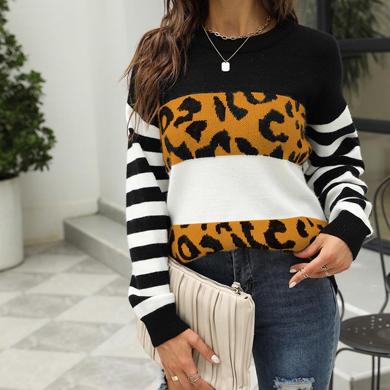 Women S Loose Knit Sweater Round Neck Long Sleeve Leopard Print Color Block Pullover