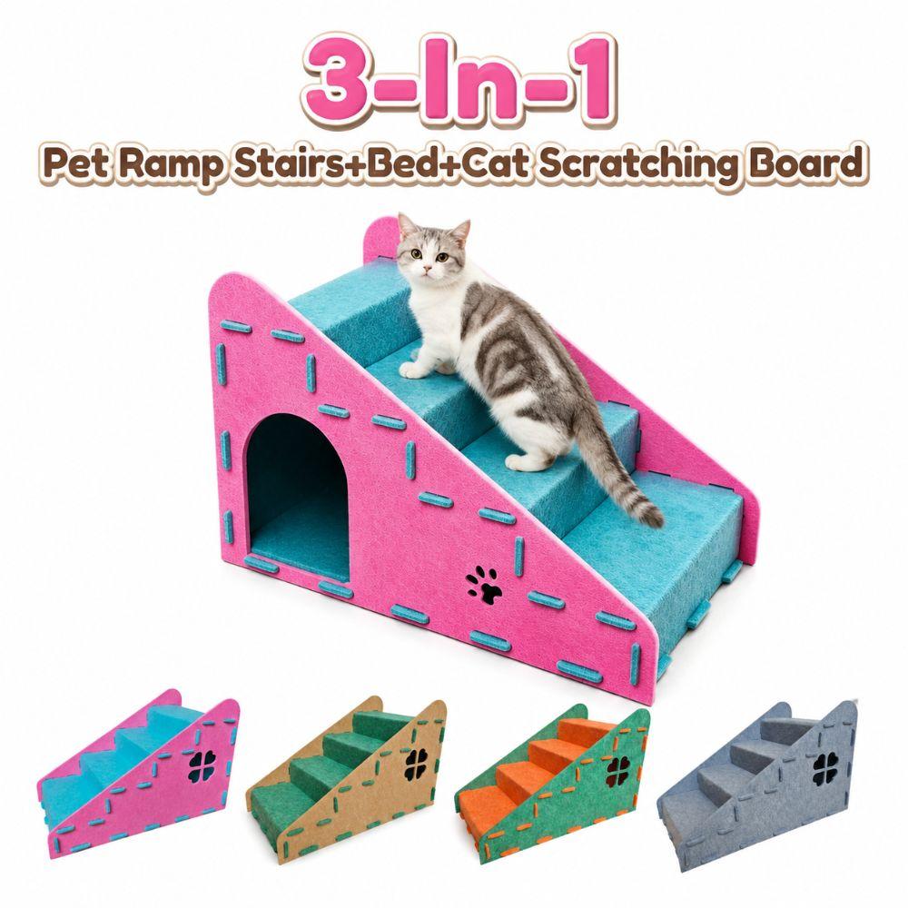 3-in-1 Pet Ramp Stairs Premium Felt Cat Scratching Board High Quality Cat Bed House Pet Furniture