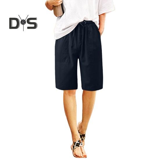 Женские летние шорты из хлопка и льна, повседневные шорты с широкими штанинами, завязывающиеся на шнурок, с карманами, длиной до колена для отдыха на пляже