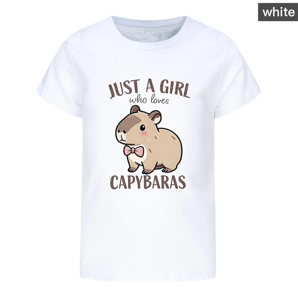Kid Short Sleeve T Shirt Just A Girl Who Loves Capybara Cute Bow Tie Capybara Print O-Neck Tee Lovely Animal Graphic Girls Top
