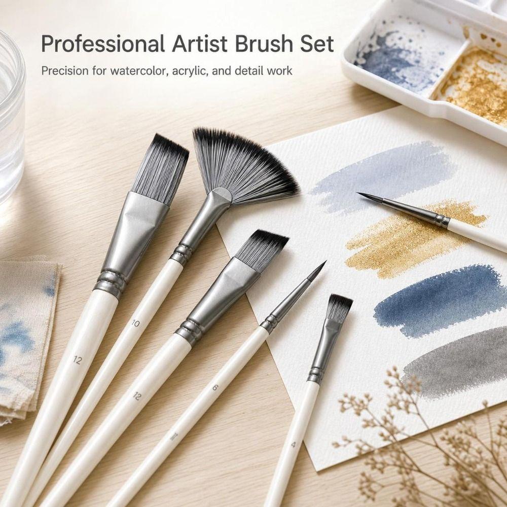 6pcs Wooden Handle Artist Paint Brushes Synthetic Bristle Watercolor Brushes Art Supplies