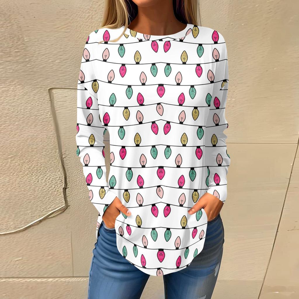 Футболки для женщин, осенние повседневные рубашки с длинным рукавом, толстовки с винтажным графическим принтом, топы, пуловеры, рождественские