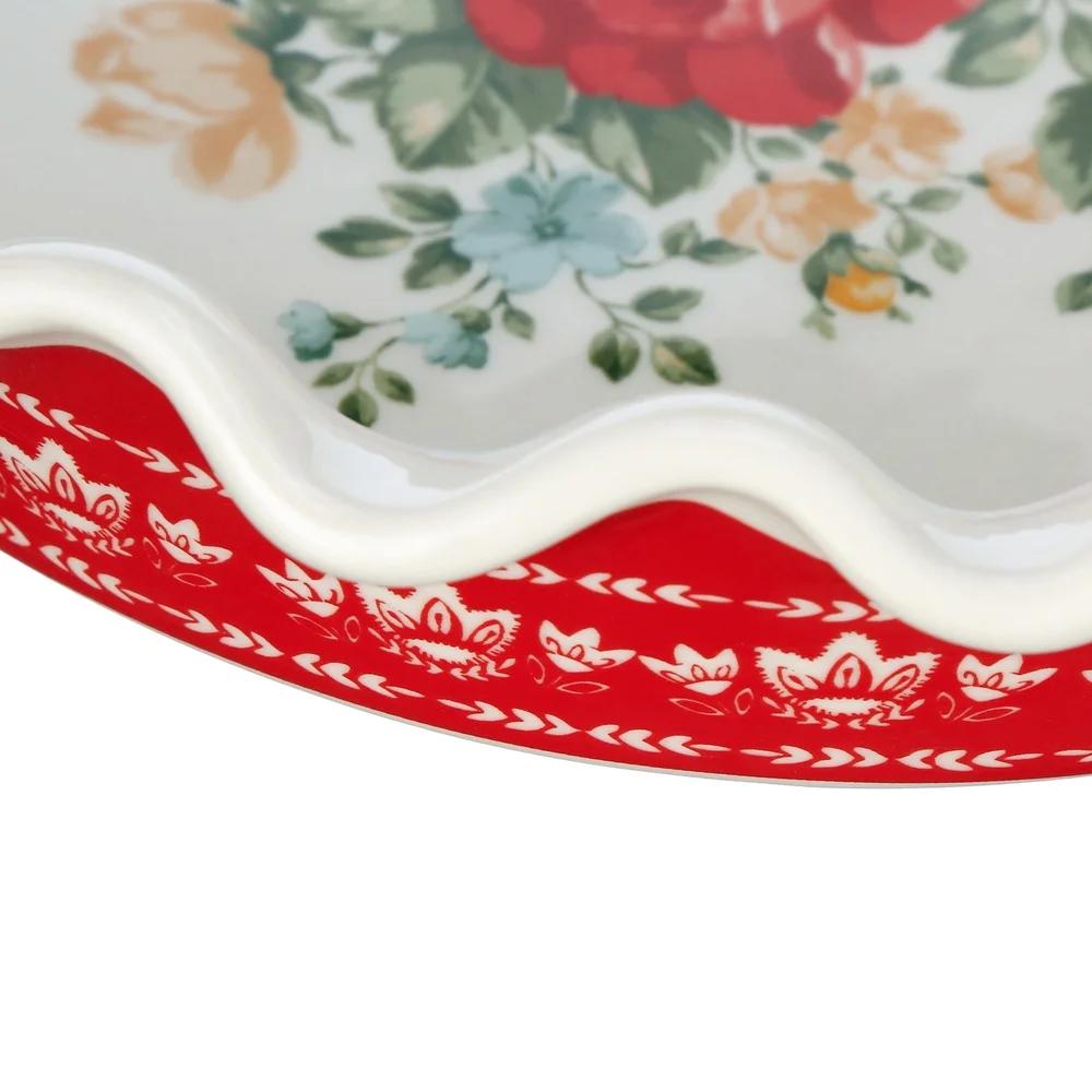 9 Inch Stoneware Pie Dish Vintage Floral Design Scalloped Edge Bakeware Dishwasher Microwave Oven Safe Serving Plate