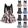 Women Vintage Long Sleeve Christmas Print 1950s Housewife Evening Party Prom Dress