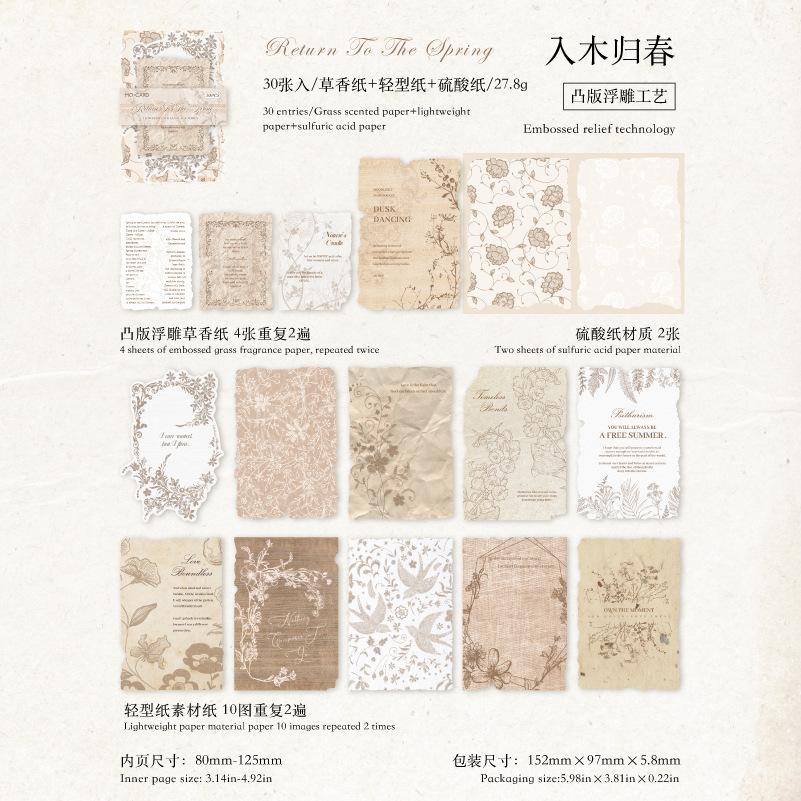 30-Sheet Vintage Embossed Material Paper, Retro Decor for Hand Account & Scrapbook