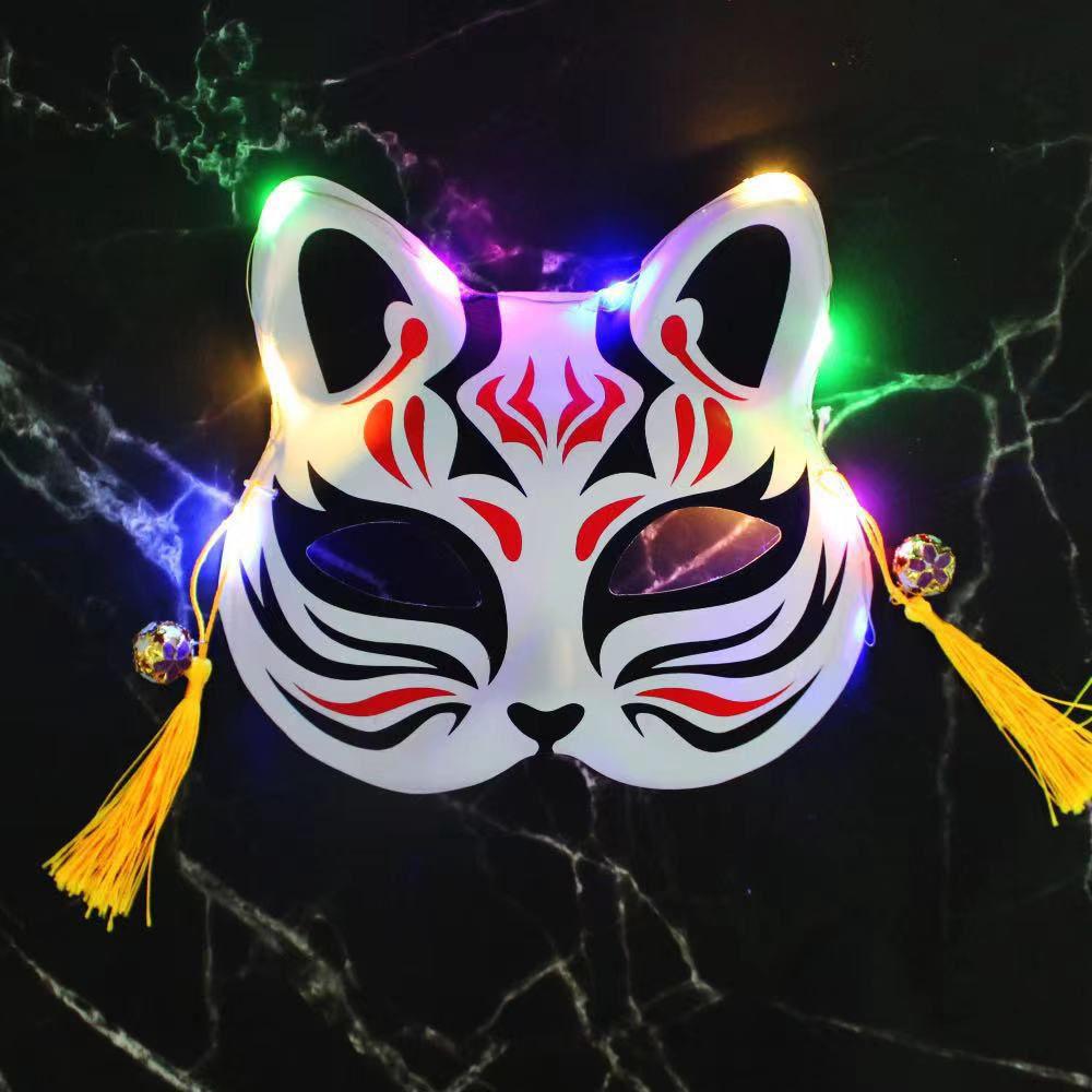 Реквизит Половина лица с колокольчиками Маски Кицунэ Светящиеся маски Костюм Вечеринка Маска Кошка Маска Косплей Реквизит