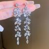 2pcs Fashionable and High-end Long Tassel Full Diamond Leaf Earrings for Women's Banquet Dress Accessories
