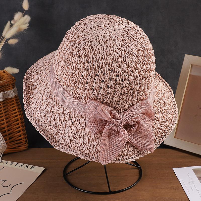 Женская соломенная шляпа с кружевным бантом, летняя шляпа с защитой от солнца, модная складная шляпа