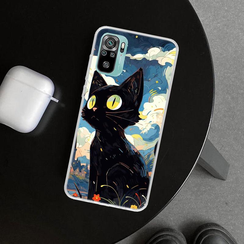 Аниме Милый Черный Кот Мяу Чехол для Телефона для Xiaomi Redmi Note 15 14 13 12 11 Pro Plus 14S 12S 11S 11T 11E 10S 10 Индивидуальный F