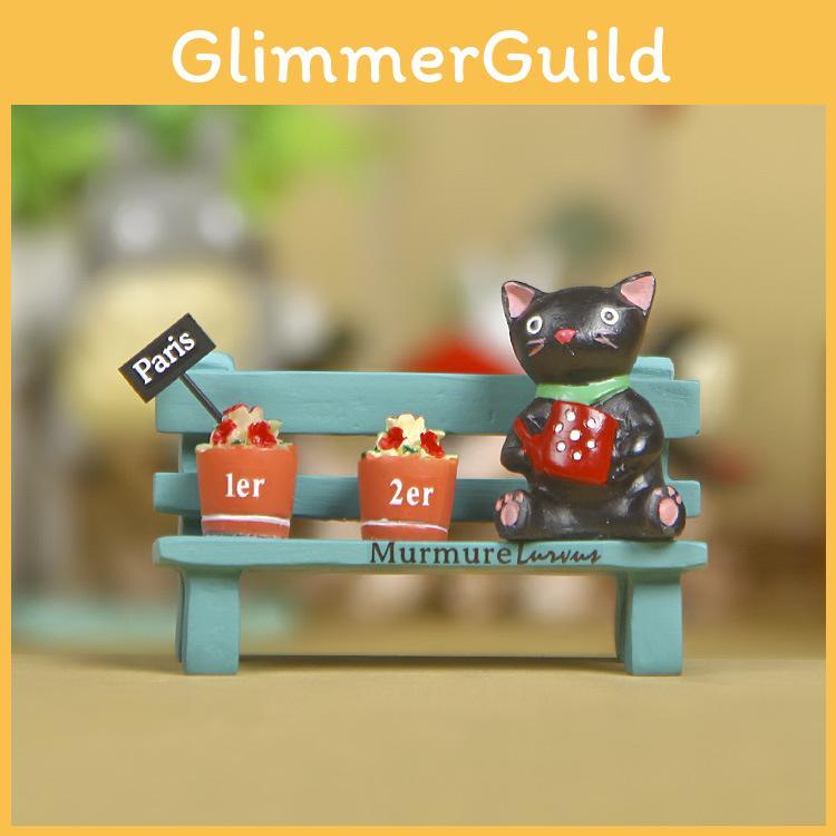 Cute Black Cat Sitting On Bench Watering Flowers Ornament With Mini Garden For Home Decor And Gift Giving