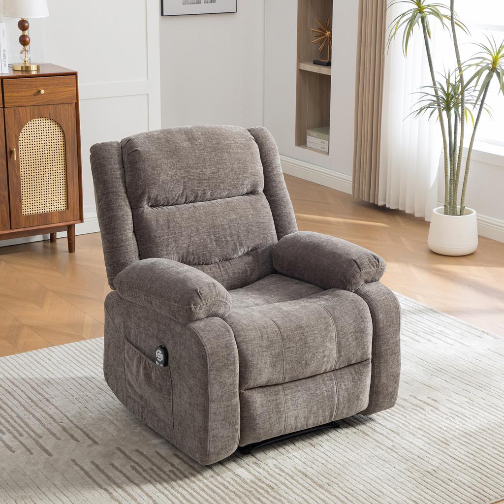 Multifunctional Recliner with Electric Massage and Heat Function, Manually Adjustable Backrest and Footrest as well as Side Storage Bags. Gray