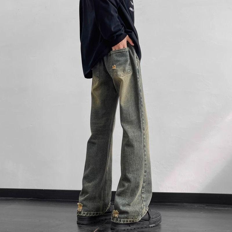 Women and Men Vintage Washed Flare Jeans Gradient Faded Loose Wide Leg Denim Long Pants